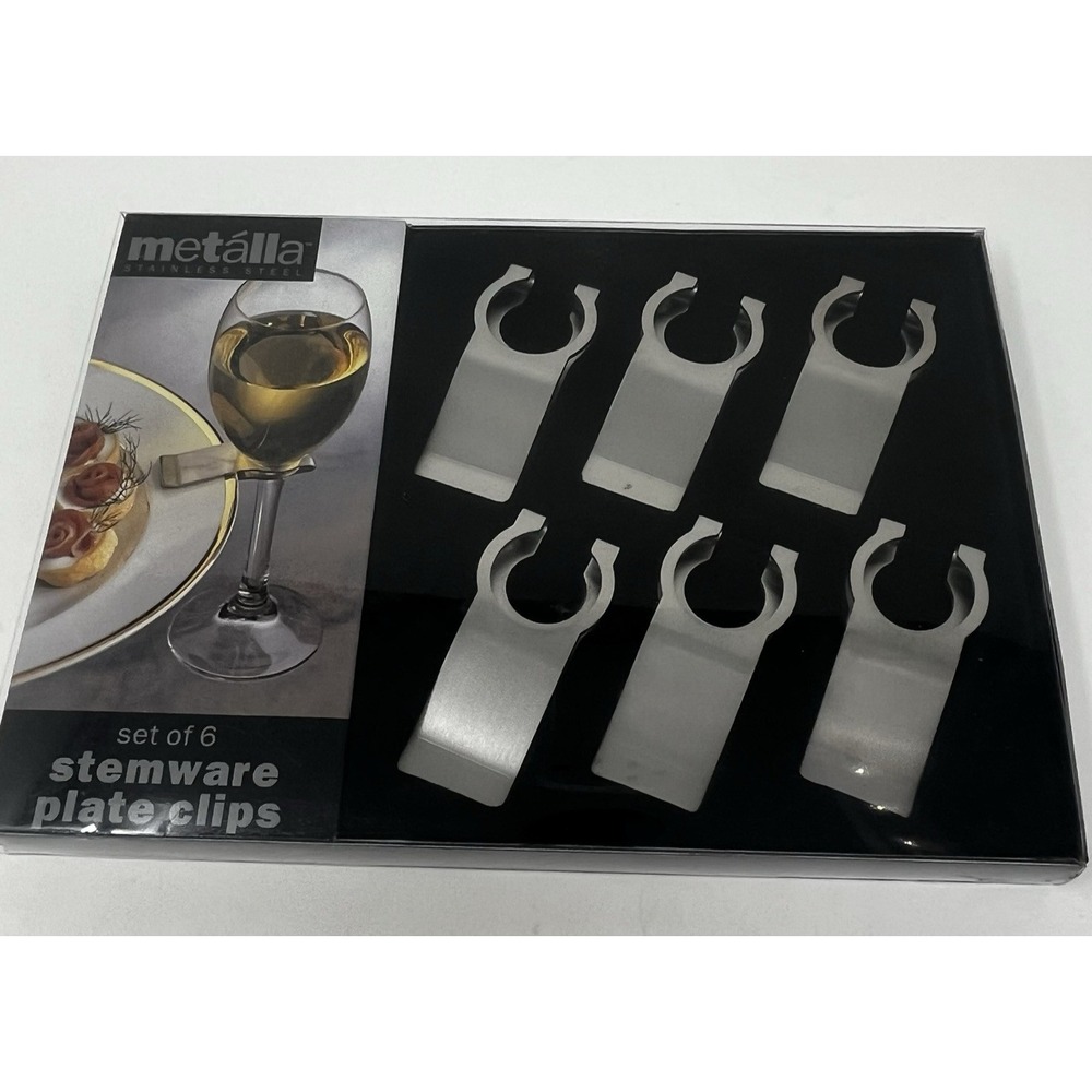 Metalla by Prodyne Set 6 Stemware Plate Clips Stainless Steel Wine Glass Holders